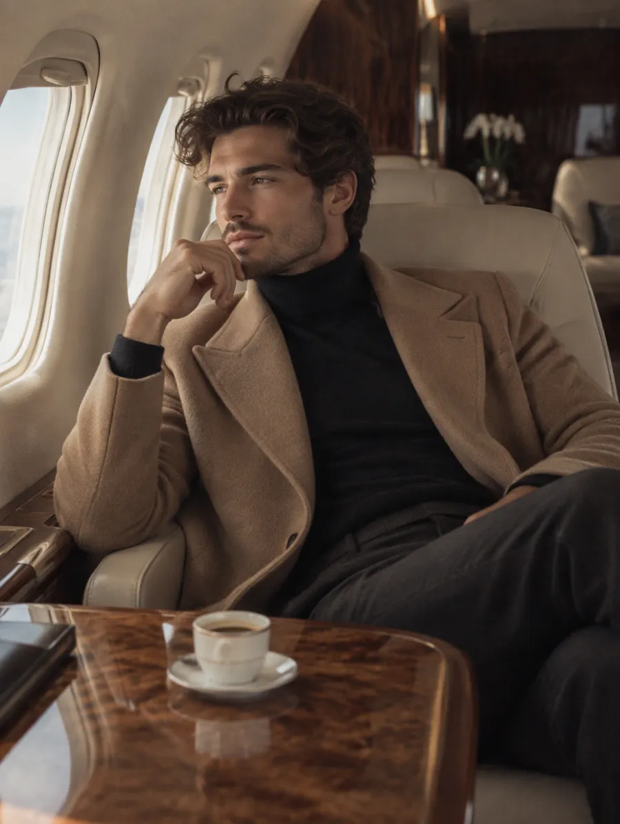 A man in a camel overcoat in a private jet cabin