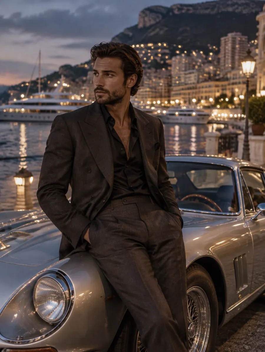 A man in a charcoal suit beside a vintage sports car